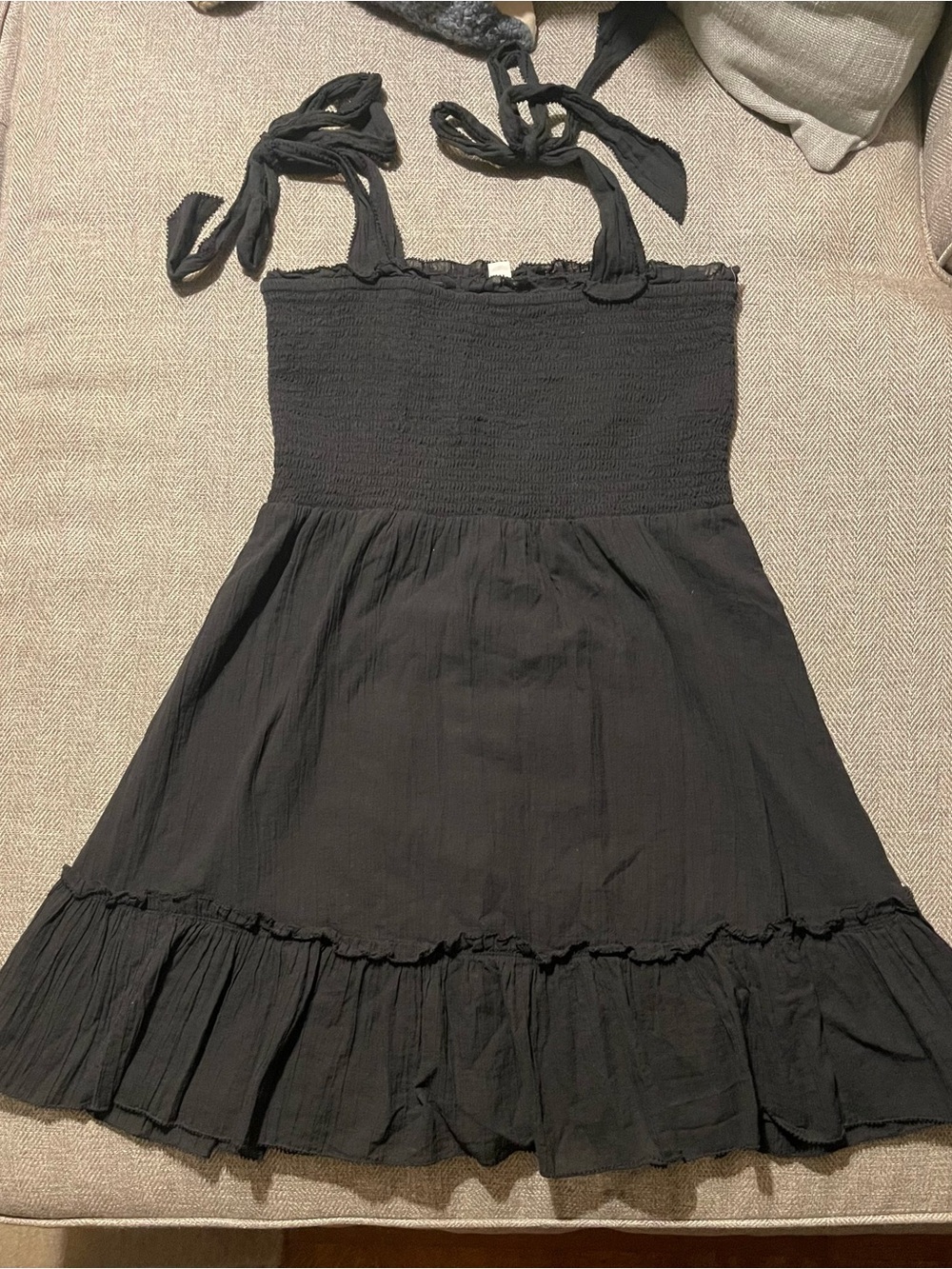 Aerie Black Smocked Tie Strap Ruffle Mini Dress Size S